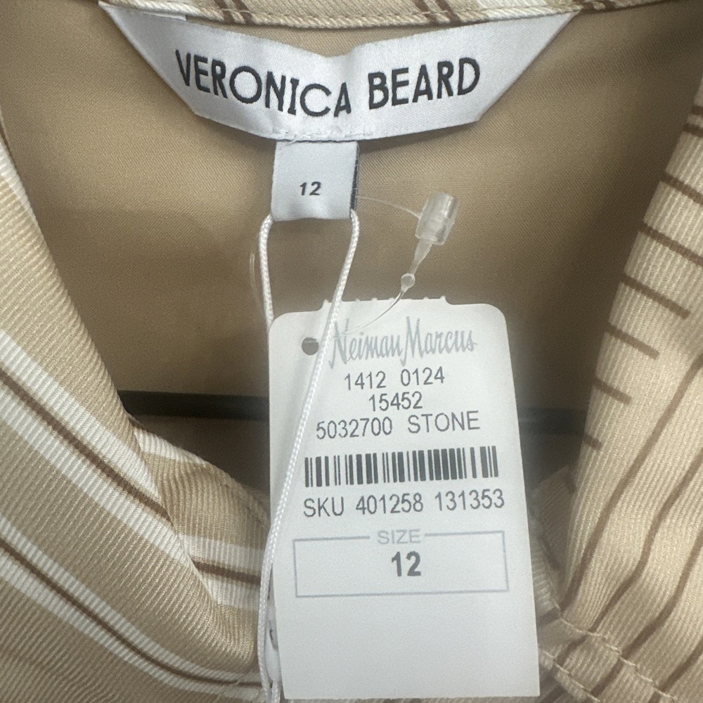 Veronica Beard Size 12 Pryce Striped Mini Shirtdress Silk Blend Stone Khaki Mult - Picture 7 of 15